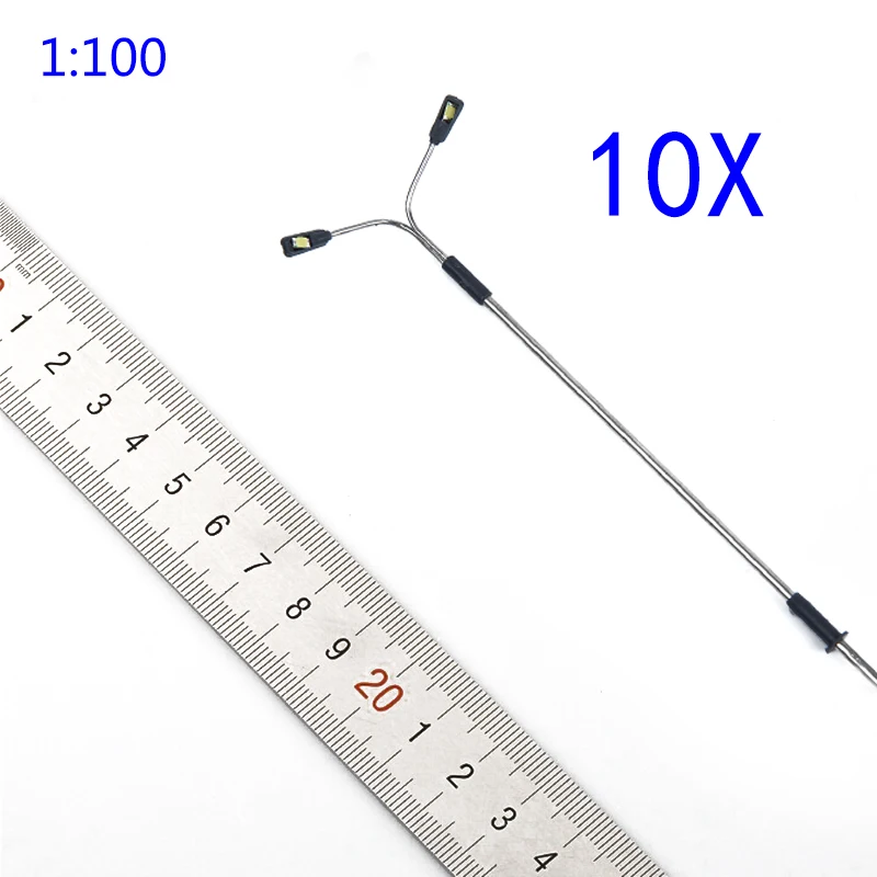 

10pcs 1:100 LED Street Light Models 2-Head LED Light Post Train Railway Street Scenery Metal Lamp Model