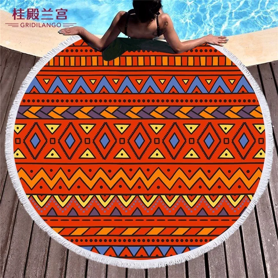 

GRIDILANGO Mandala Bohemian Stripe Round Beach Towel For Adult Microfiber Quickly Absorbtable Swimming Travel Blanket Bath Towel