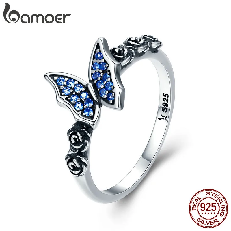 

Spring Collection 925 Sterling Silver Butterfly & Flower Blue Cz Finger Rings For Women Sterling Silver Jewelry Scr285 BAMOER