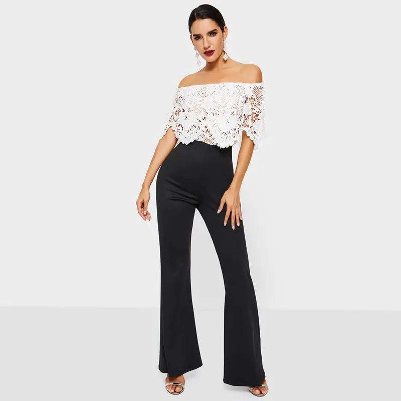 Evening Party Date Women Summer White Strapless Off Shoulder Backless Lace Top Black Wide Leg Pants Romper High Street Jumpsuit Evening Party Date Women Summer White Strapless Off Shoulder Backless Lace Top Black Wide Leg Pants Romper High Street Jumpsuit