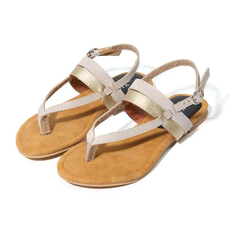 

NIS Women Summer Beach Bohemia Sandals, Beige Gold Sewing Flip Flops, Ladies Comfortable Flat Shoes, Casual Buckle Strap Sandal