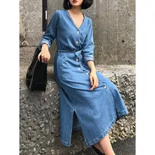 Woman Long Denim Dress Autumn Summer Koran Style Causal Stretch Jeans Office Split Dress with Button Plus Size Japanese Style Woman Long Denim Dress Autumn Summer Koran Style Causal Stretch Jeans Office Split Dress with Button Plus Size Japanese Style