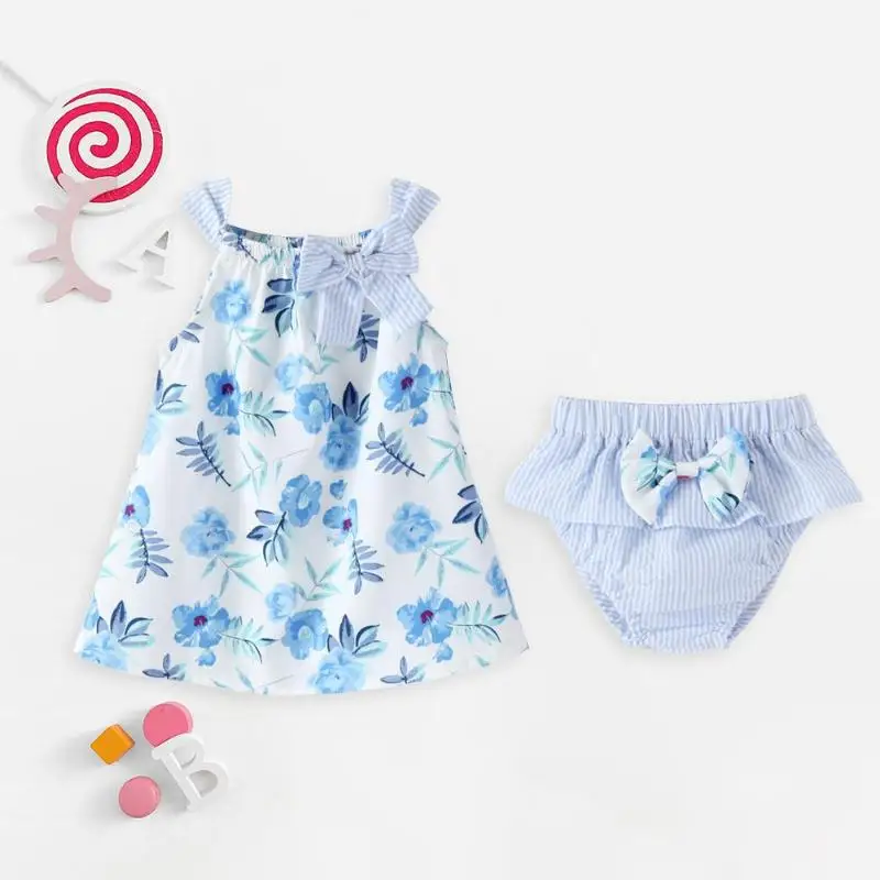 

2pcs/set Summer Princess Dress Kids Baby Party Wedding Baby Sleeveless Print Dress Girls Sling Dresses Bowknot Briefs