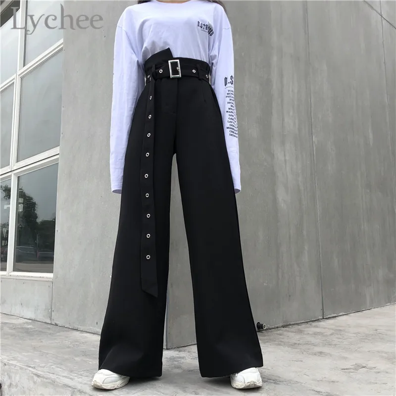 Lychee Harajuku пояс широкие брюки женские Высокая талия сплошной цвет длинные весна