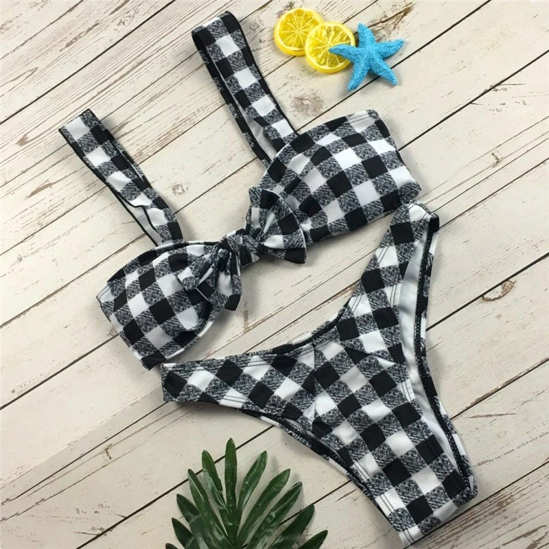Bikini Set Plaid Bowknot Women Swimsuit Push Up Swimwear Thong Bikini Padded Bathing Suit Ladies