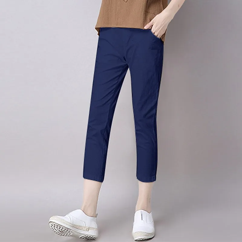 

Plus Size 2019 Women Loose Original Design Vintage Linen Pants Solid Female Drawstring Pants Pure Capris Harem Trousers