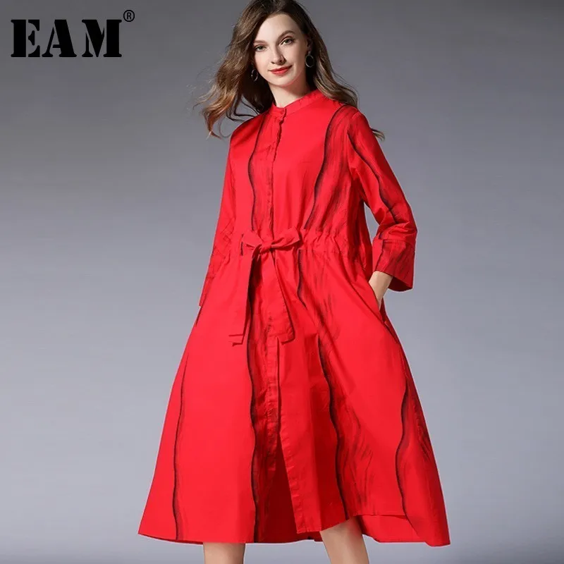 [EAM] новое осенне-зимнее платье со стоячим воротником и длинным рукавом в черную полоску, свободное платье большого размера, Женская мода JL604