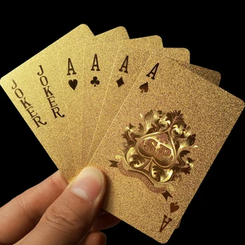 

Golden Foil Plated Normal Playing Cards Poker 52 Cards 2 Jokers Special Unusual Birthday Gift Poker With Black Wooden Box
