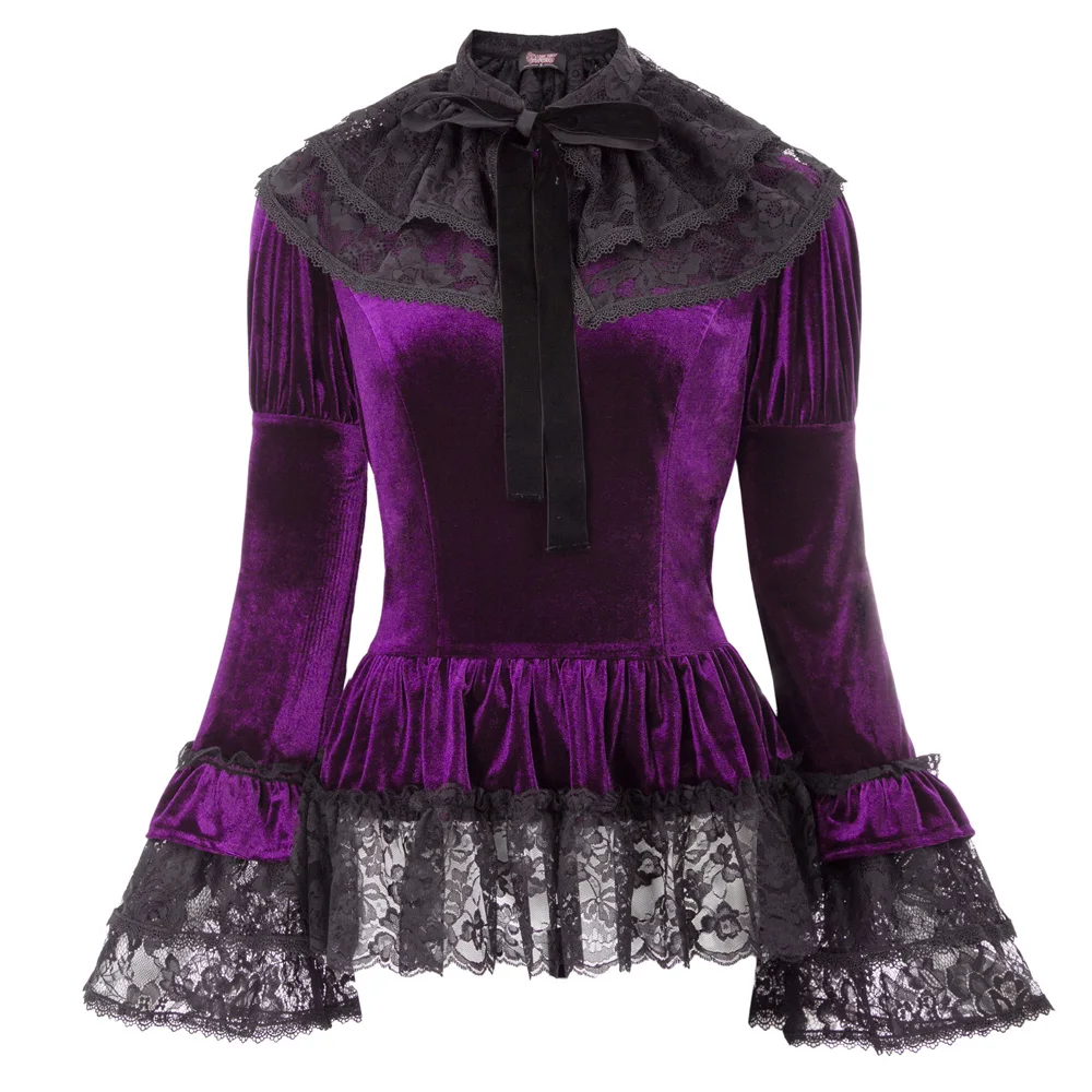 

Gothic Victorian 2pcs Set Velvet Top +Lace Cape Steampunk Theater Clothing Navy Blue Purple Womens Vintage Coat Tops Outerwear