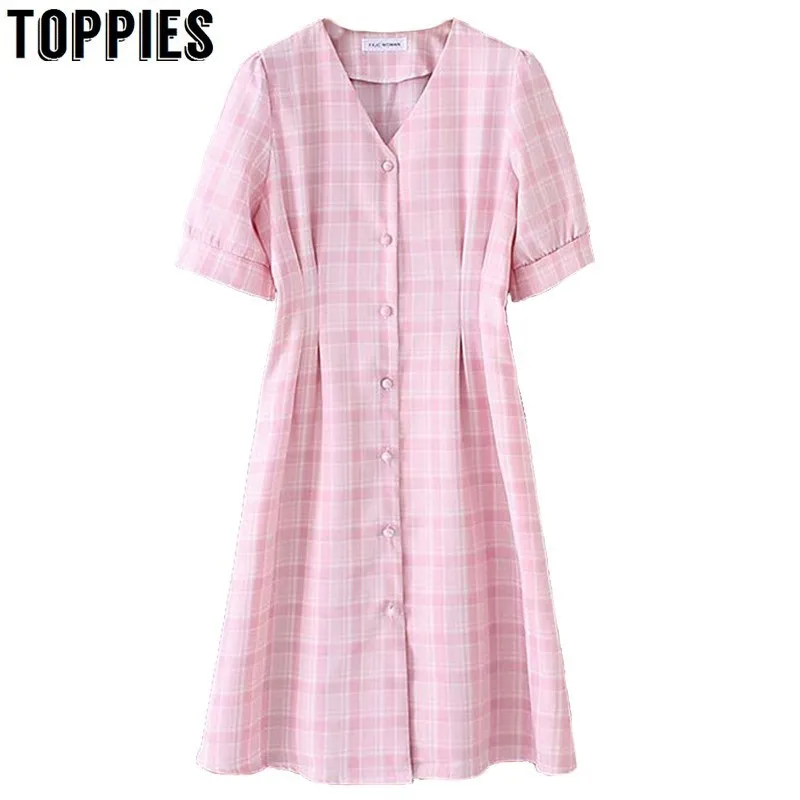 

2019 Pink Plaid T-Shirt Dress Short Sleeve V Neck Vintage Button Party Dress Lady Elegant robe femme