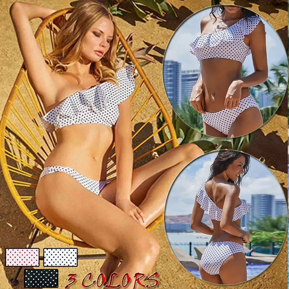 

2019 Sexy Ruffle Two Pieces Swimsuit Women Swimwear Push Up Monokini One Shoulder Dot Bathing Suit Summer Beachwear Female
