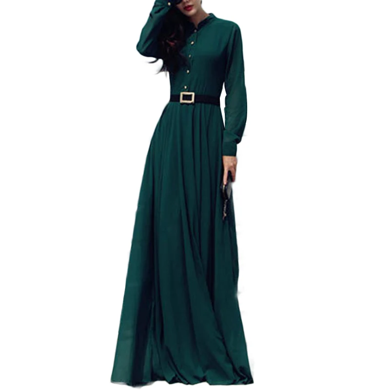

Women Green dresses Long Sleeve Chiffon Dress long pure color pockets swing A-line Party Evening retro Dress