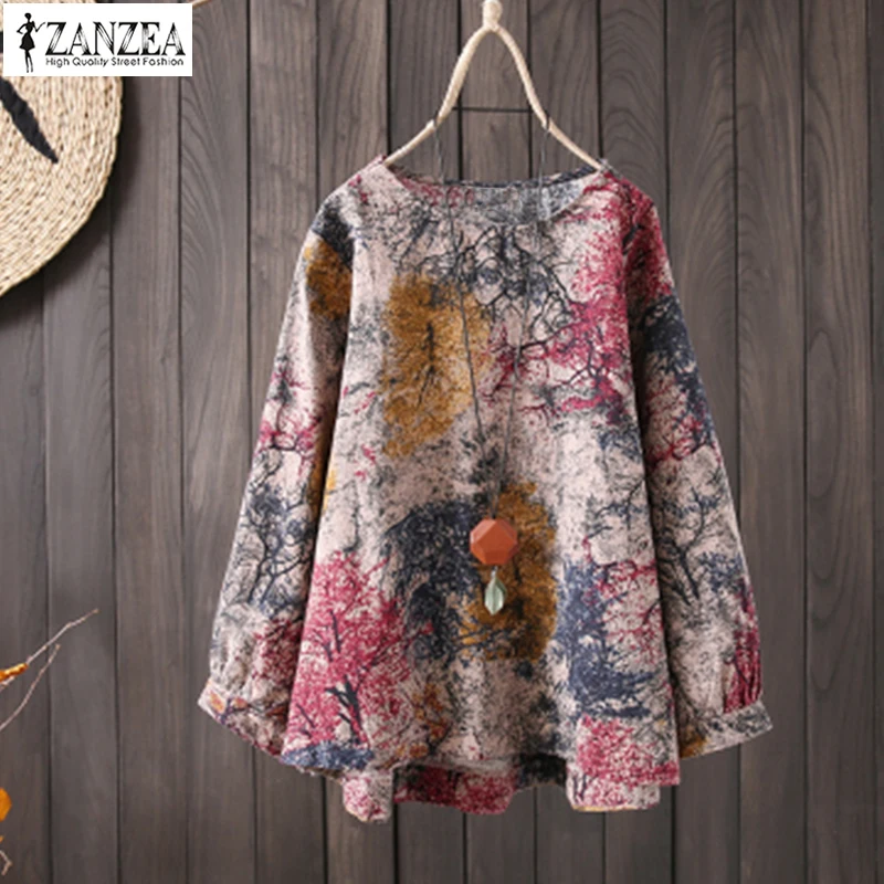 

ZANZEA 2020 Plus Size Tunic Tops Women Vintage Print Linen Blouse Female Long Sleeve Shirt Elegant Casual Party Work Blusas 5XL