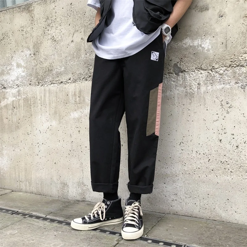 

Men's trousers 2019 summer new contrast color stitching loose straight nine points overalls sweatpants casual men's clothing