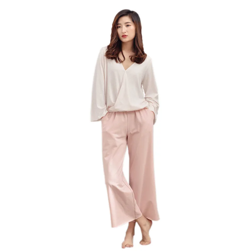 

Newest Style Loose Style Pajamas Sets for Ladies Pink Green Colors Long-sleeved with Trousers Casual Comfortable Home Pijamas