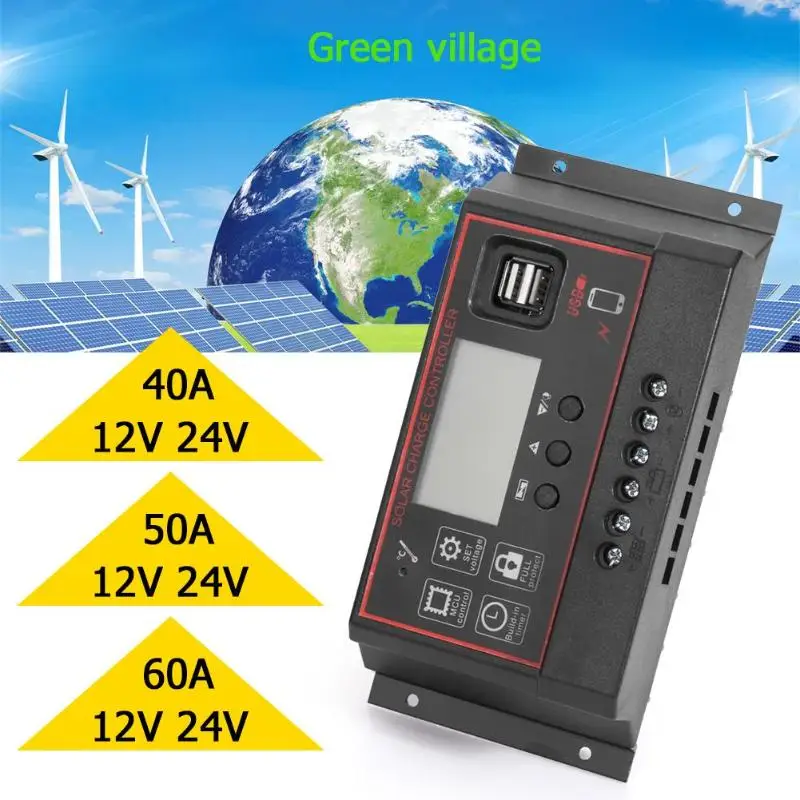 

12V/24V Auto Work Solar Charge Controller PWM with HD LCD Dual USB Output Solar Cell Panel Charger Regulator PV Home 40A/50A/60A