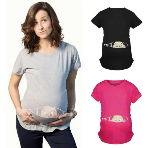 

2019 New Fashion Pregnant Women Print Cotton Casual Top Shirt Funny Baby Staring Print Clothes Maternity Tee Blouse