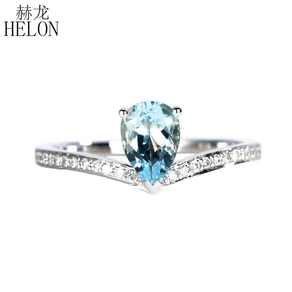 

HELON Solid 14K White Gold Pear Cut 6X4mm 100% Genuine Blue Topaz Engagement Ring Natural Diamond Women Trendy Fine Jewelry Ring