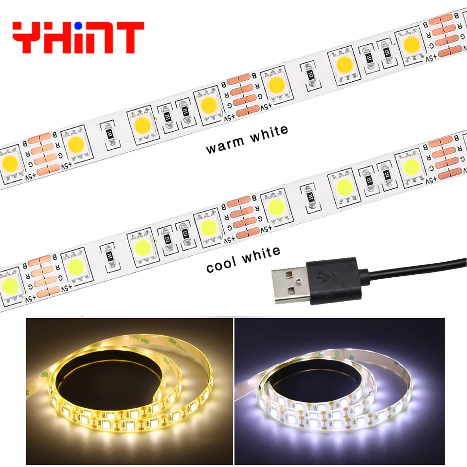 5 в USB мощность 5050 60led/m Белый/теплый белый светодиодные ленты 0,5 м 1 м 2 м 5 м SMD светодиодные полосы ТВ Настольный ПК экран подсветка клейкая