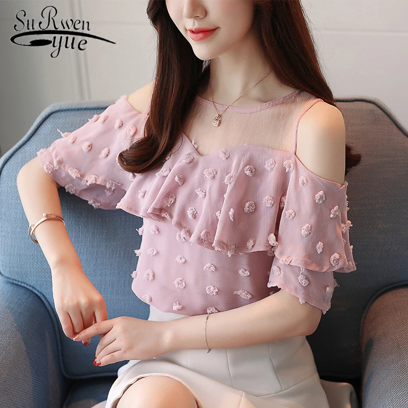 New Summer Fashion Solid Women Blouses Shirts O-Collar Lace Off Shoulder Wavy Ruffled Sleeve Chiffon Shirt Slim Top 0642 40