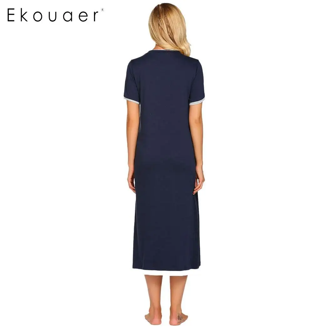 Ekouaer Длинное ночное платье, грудное вскармливание, ночная рубашка для женщин, Повседневная Однотонная ночная рубашка с круглым вырезом, одежда для сна, сорочка, пижамы