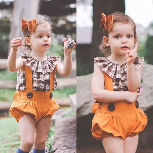 

Toddler Newborn Baby Girls Ruffled Plaids Tops Bib Pants Shorts 2Pcs Outfit Casual Cotton Clothes 1-7Y