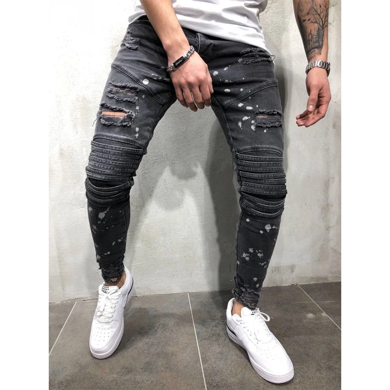 2018 new Men Ripped Dot Printed Skinny Jeans Destroyed Frayed Slim Fit Denim Pant casual men slim hole Zipper balck jeans pants