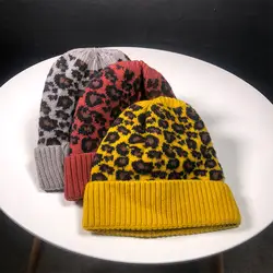 Карамельный цвет Леопардовый принт Skullies & Beanies зимняя теплая шапка для женщин, шапка для девочек, вязаная шапка, толстая женская новая Кепка