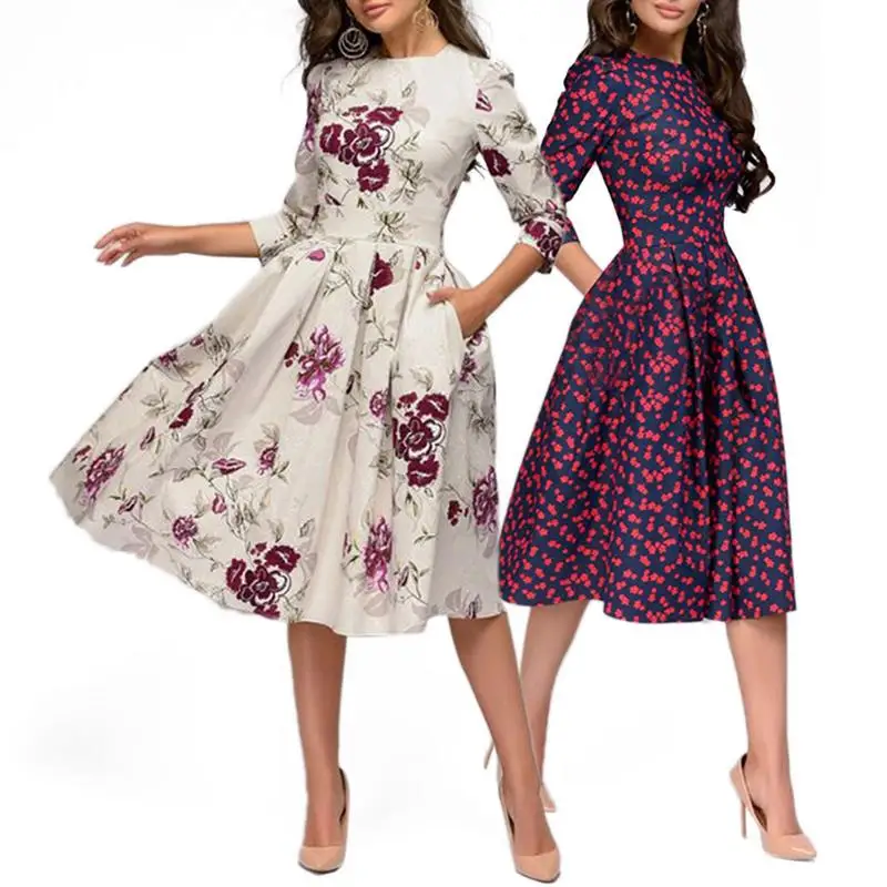 Summer Party Dress Women Elegent Floral Print Half Sleeve Midi Dress