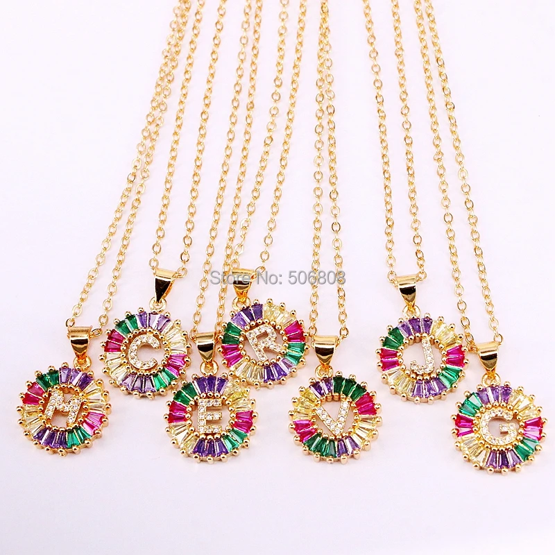 

12PCS ZYZ-N8310 Rainbow CZ charm necklace fashion 26 Gold Alphabet letter pendant necklace micro pave zircon letter necklaces