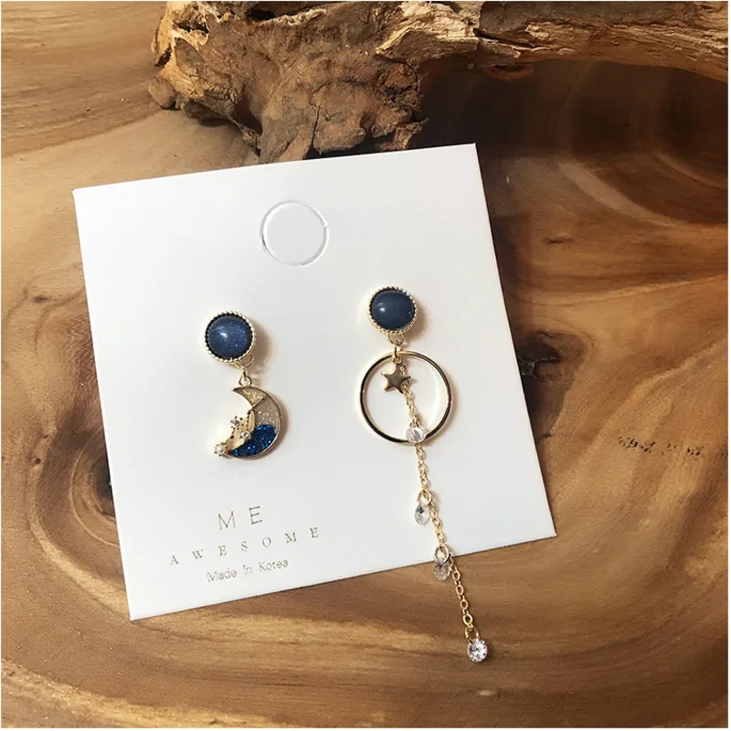 

2019 Korea Irregular Asymmetric Newest Shiny Crystal Star Moon Earrings Charming Earrings For Women Fashion Zircon Round Jewelry