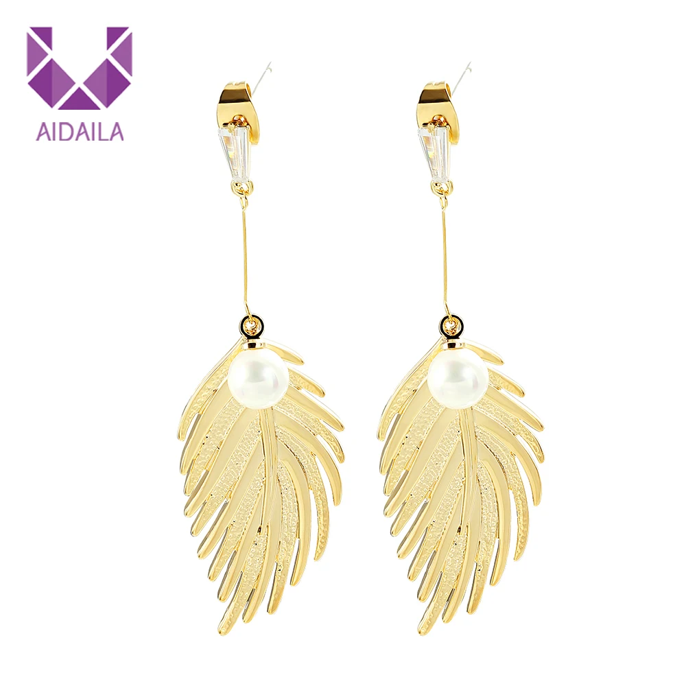

AIDAILA Long Hanging Earrings Feather Shape with Pearls and AAA+ Cubic Zirconia CZ Earrings Korean Style Top Quality ET02449