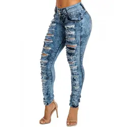Женские пикантные Высокая Талия зауженные джинсы Повседневное Синие рваные джинсовые штаны женские длинные узкие джинсы скинни