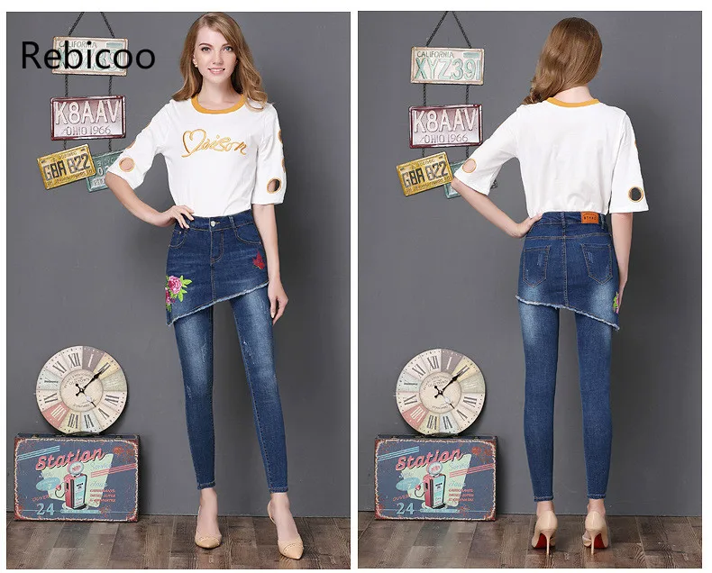 

Plus Size Patchwork Stretch Floral Embroidery Jeans Women Fake Two Sets Women Slim Pencil Denim Pants Trousers 2019 Autumn New