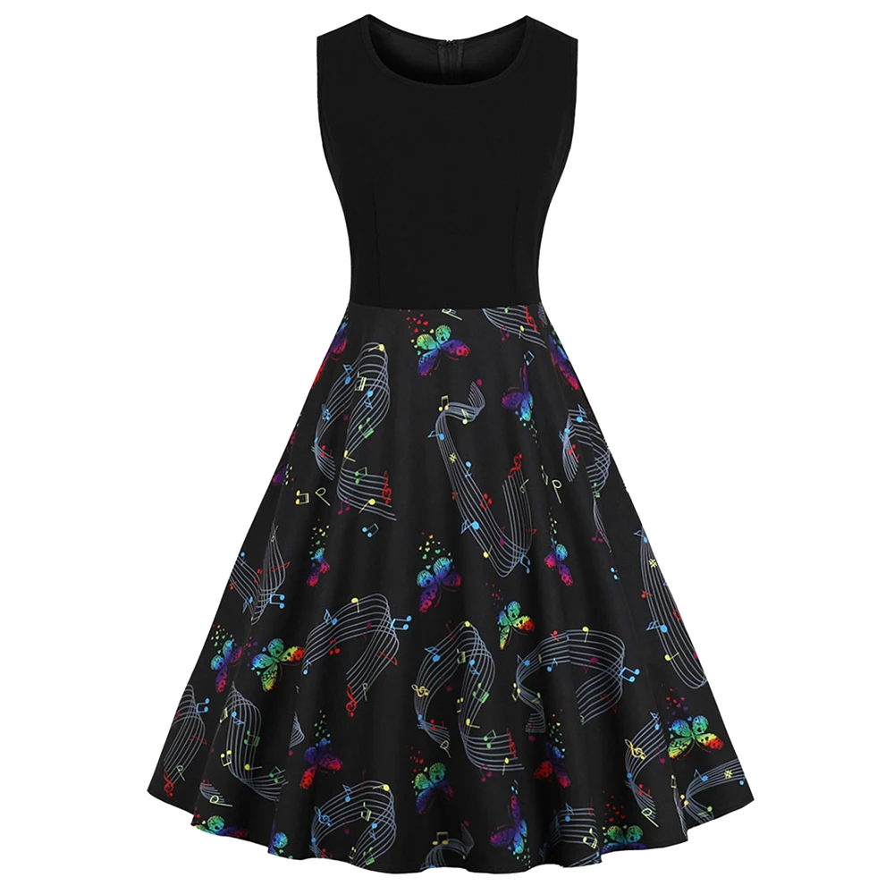 Women Spring Music Print Dress Audrey Hepburn Robe Retro Swing Casual ...