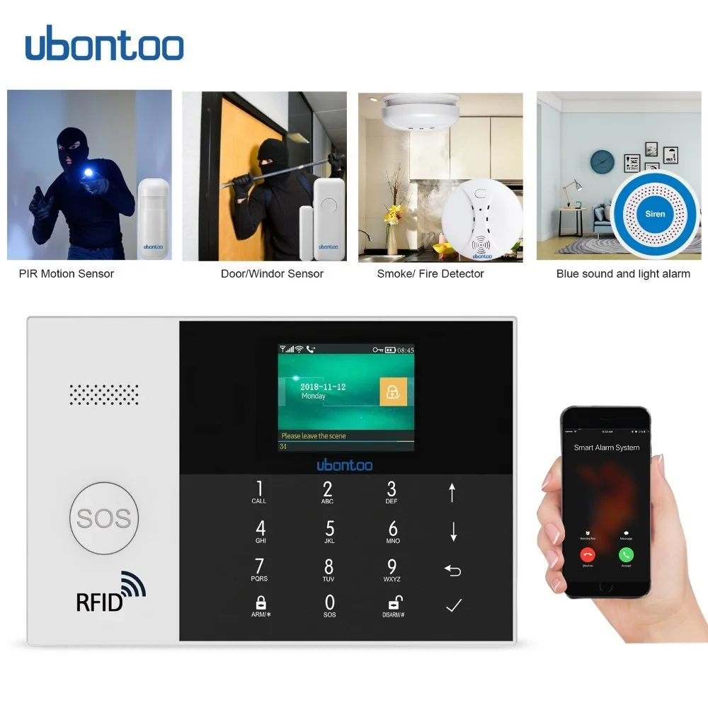 ubontoo Wireless Burglar Sensor Home Security WIFI RFID SIM GSM Alarm System IOS Android APP Control LCD Touch Keyboard