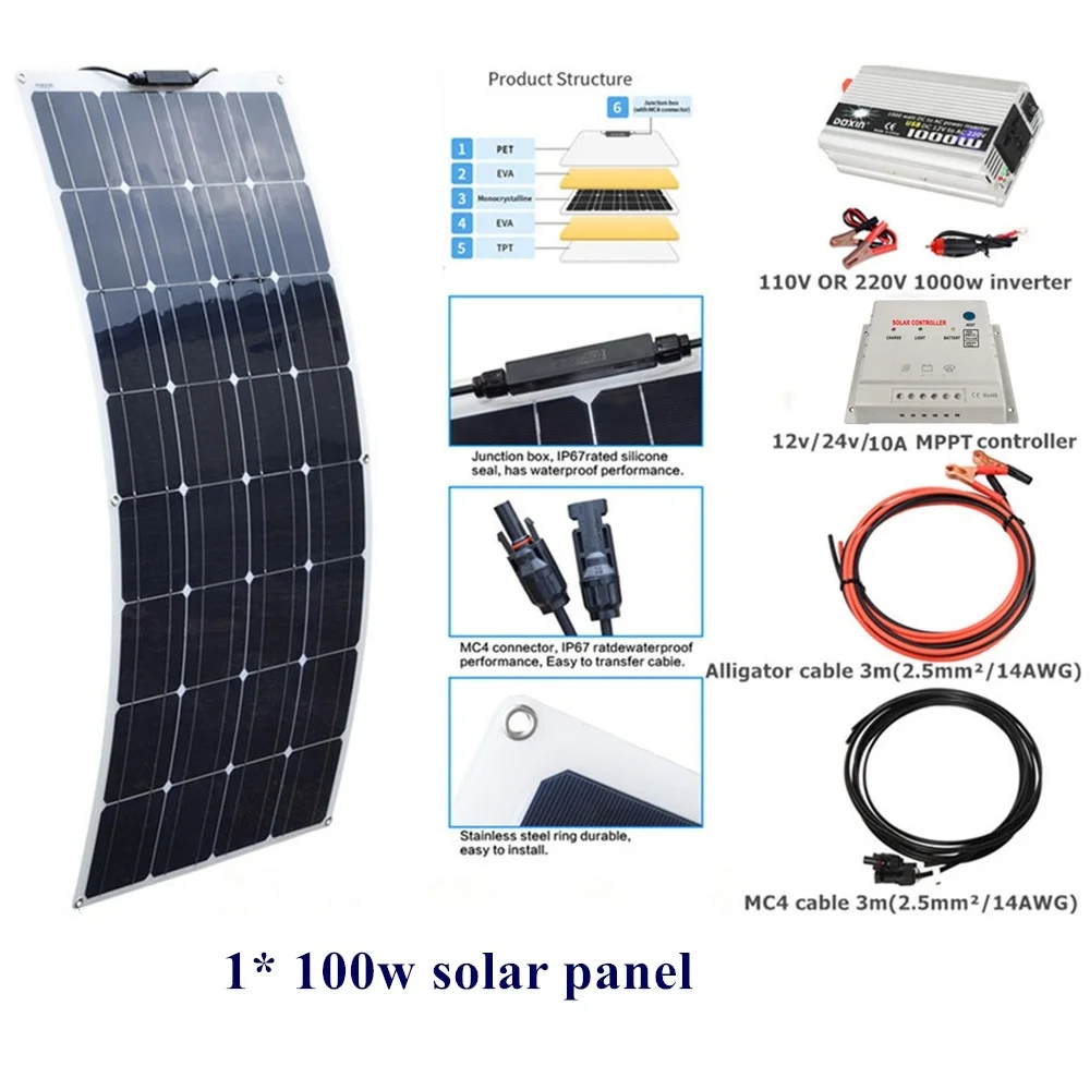 

Panel + System Module controller Battery Cell 12v/24v/10A Flexible Lawn 12v For 220V Roof DC12V Car 110V 100w Regulator+ Boat
