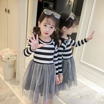 

Girls Long Sleeve Strapless Stripe Child Sweet Yarn Dress Spring New Pattern