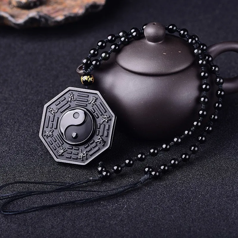 Günstige Schwarz BAGUA Obsidian Halskette Yin Yang Männer Frauen Neckless Schmuck Natürlichen Kristall Stein Perlen Hals Erkek Kolye Bijoux Femme