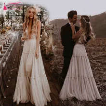 

Nude Champagne Wedding Dresses 2019 Deep V-Neck Whimsical Boho Dreamy Bridal Gowns Sexy Beach Vestido De Noiva ZW111