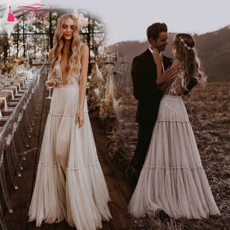 nude champán vestidos de novia 2019 con cuello en v profundo