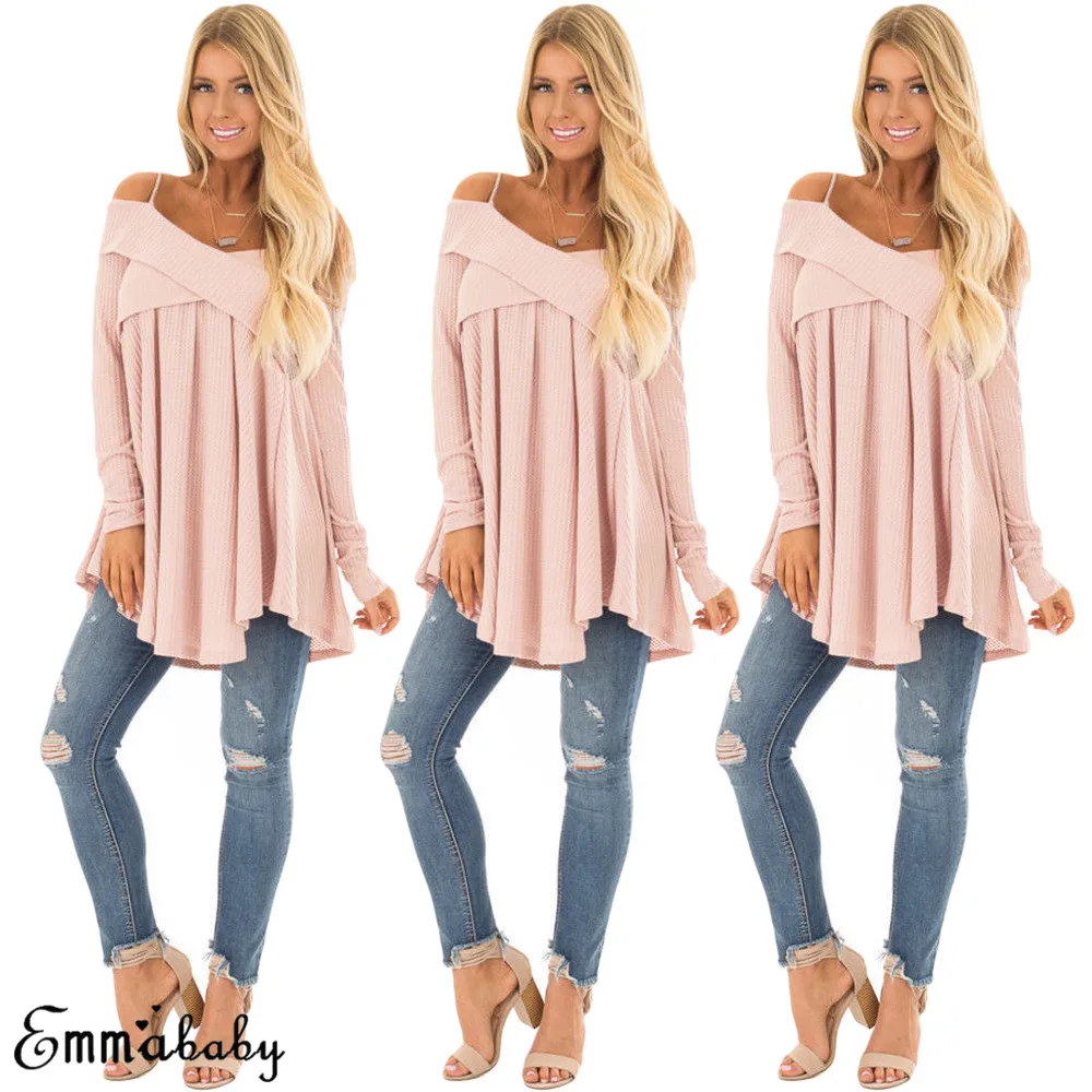 

Fashion Women Loose Long Sleeve Knitted Sweater Off Shoulder T-Shirt Casual Tops T-Shirt