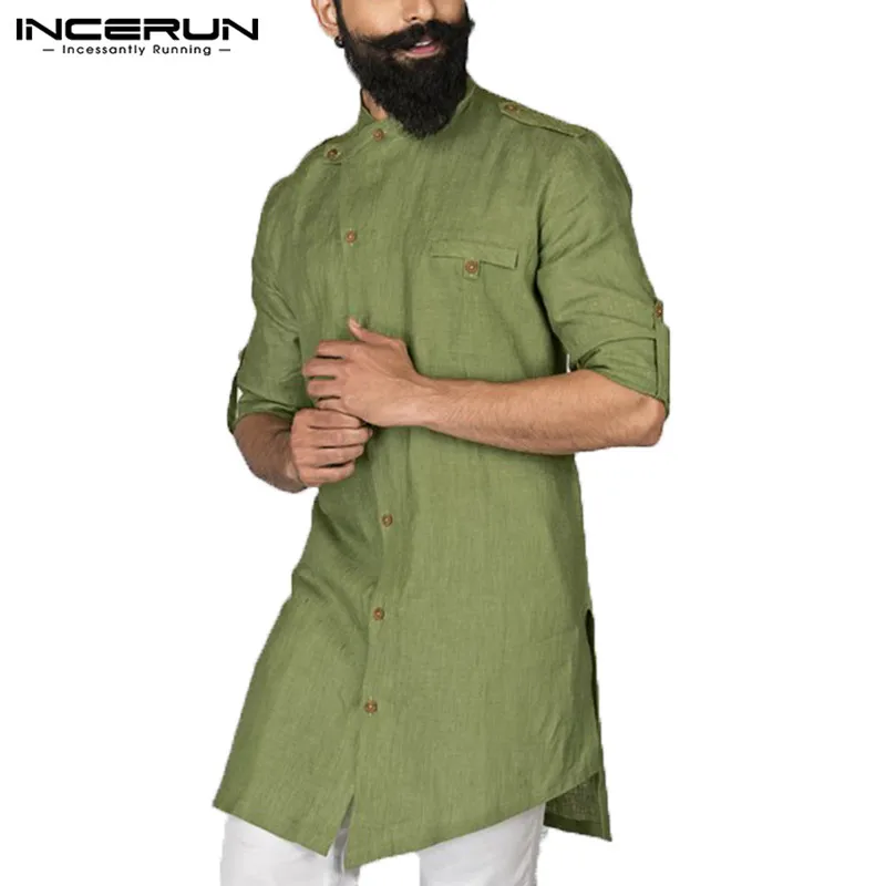 Мужская индийская одежда, рубашка Курта, костюмы с длинным рукавом на пуговицах, свободная Арабская Исламская одежда, сорочка
