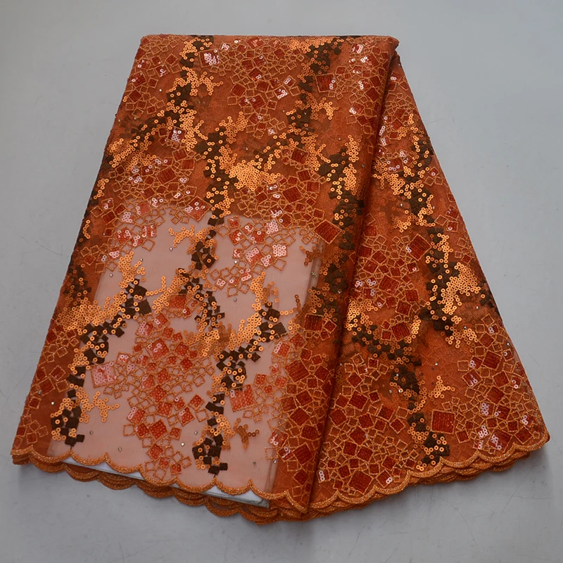 

Orange African sequins lace fabric 2019 embroidered french tulle lace high quality sequence glitter bridal double organza lace