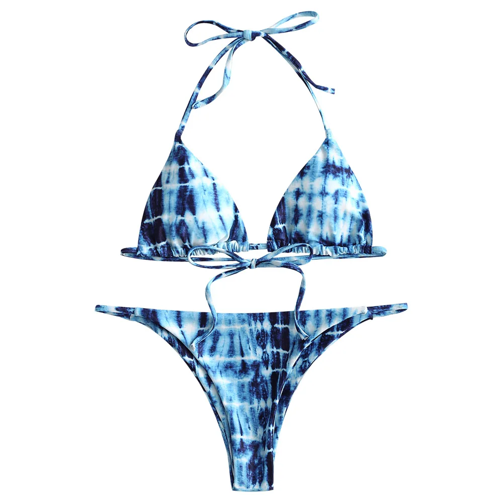 

ZAFUL Tie Dye Padded Thong Bikini Set Halter Triangle Bikini High Leg Low Waist Bikini Swimming Suit for Women Biquini Femme
