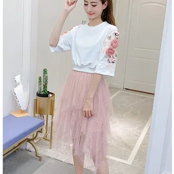 

Sexy Embroidery Sequined Mesh Skirt Suits Sweet Crop Top and Midi Irregular Skirt Summer Two Piece Set Women Outfits