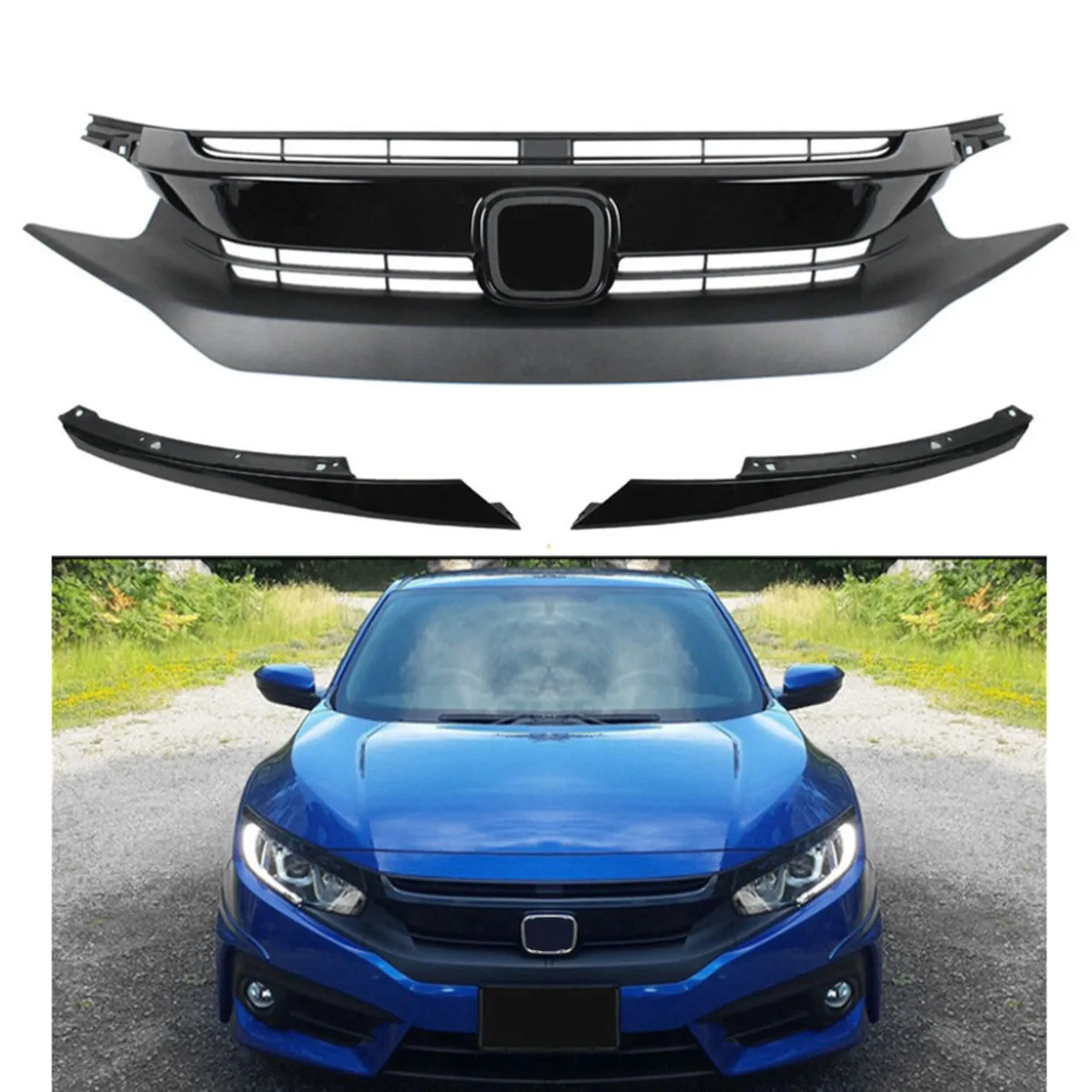 

RS Style Car Front Bumper Hood Grille Grill & Headlight Eyelids For Honda For Civic 10th 2016-2017 Racing Grills Car Eye Lid