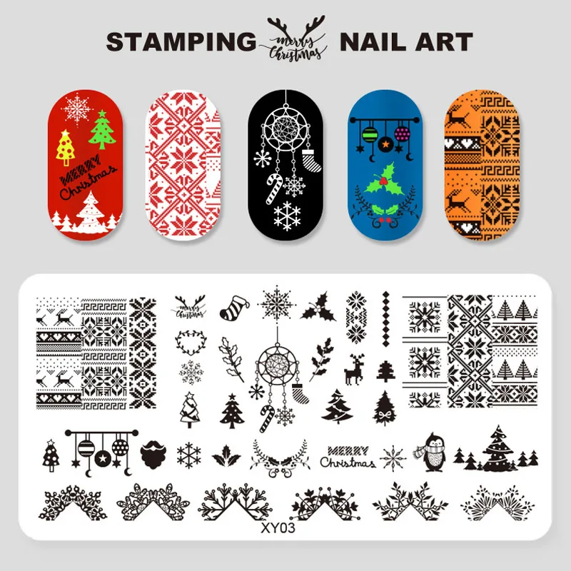 Kimcci Christmas Nail Art Stamping Plate Snowflake Reindeer Tree New Year Pattern Manicure Image Template Festival Nails Stencil 3