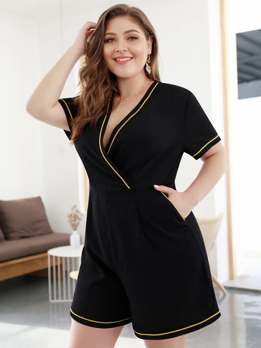 Летние женские Комбинезоны повседневные Большие размеры xl~ 4xl глубокий v-образный вырез карманы свободный комбинезон черный контрастные комбинезоны различных цветов комбинезон