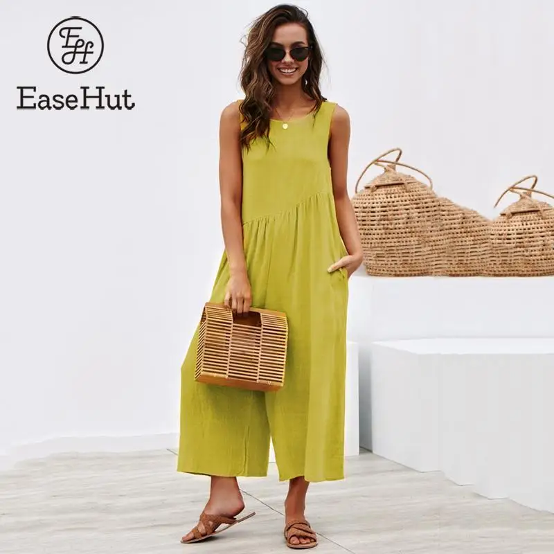 

EaseHut Solid Sleeveless Back Hollow Out Overalls Jumpsuit for Women Side Pockets High Waist Wide Leg Rompers Womens Jumpsuit